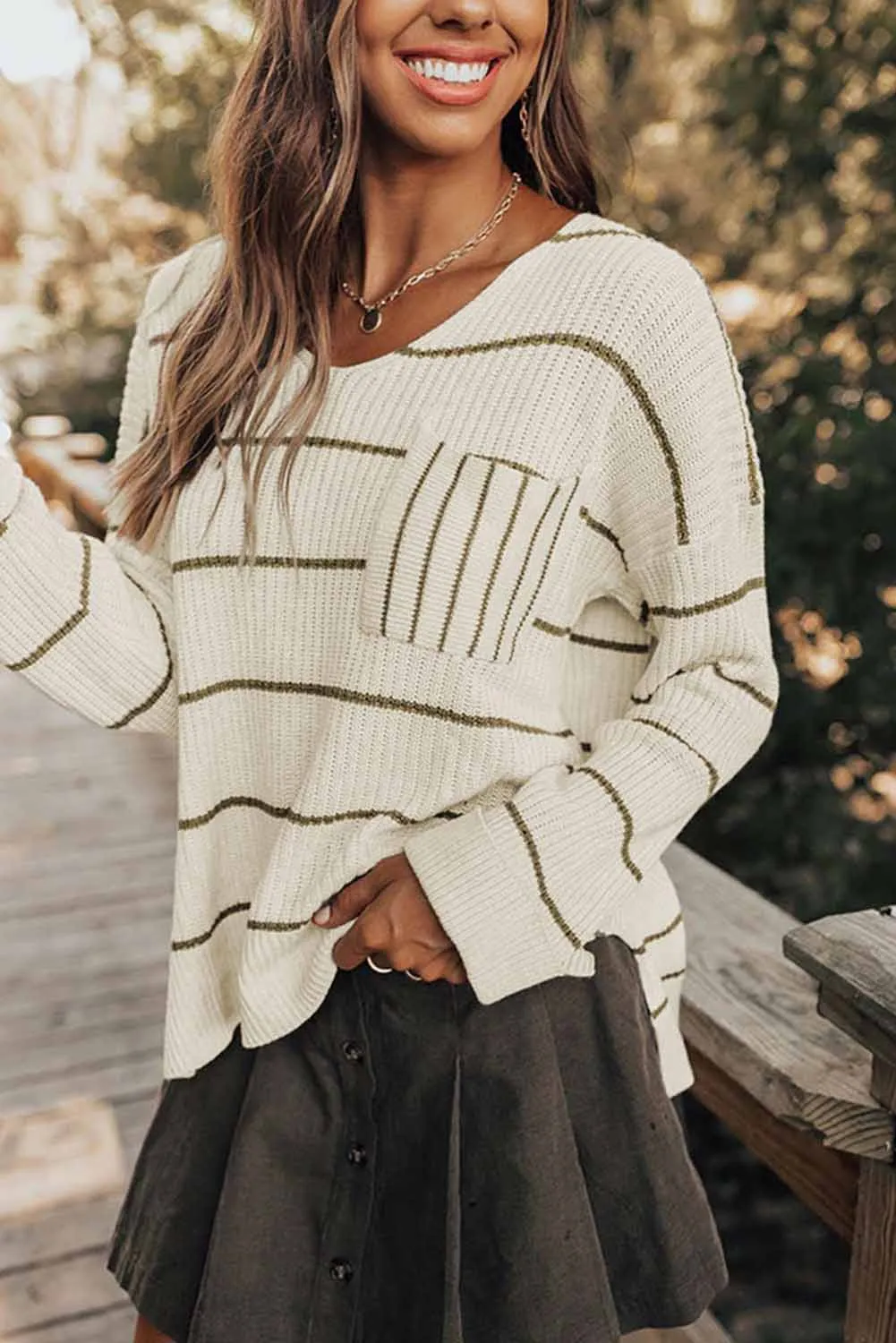 Beige Stripe Chest Pocket Striped Sweater