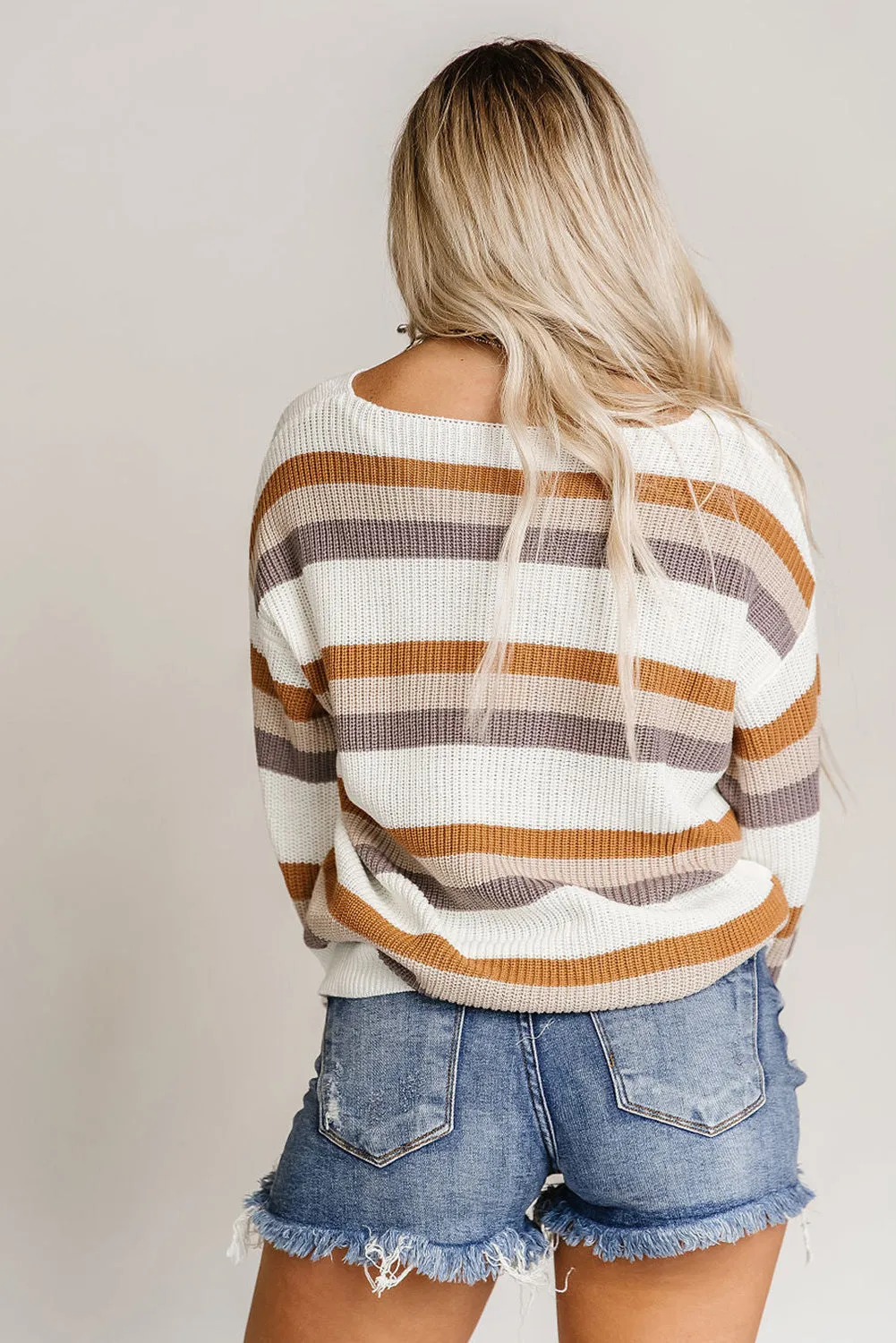 Beige Stripe Drop Shoulder Striped Knit Sweater