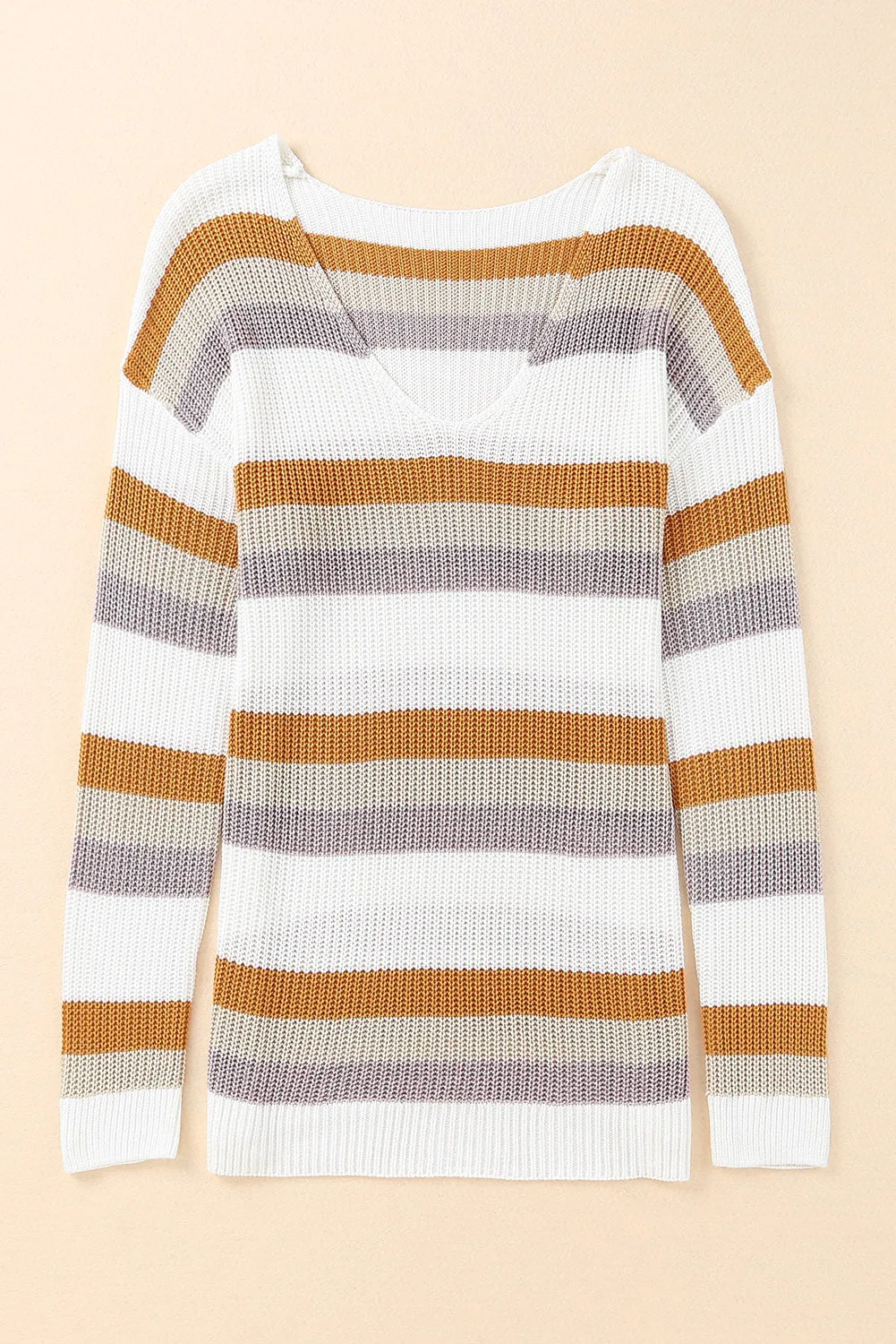 Beige Stripe Drop Shoulder Striped Knit Sweater