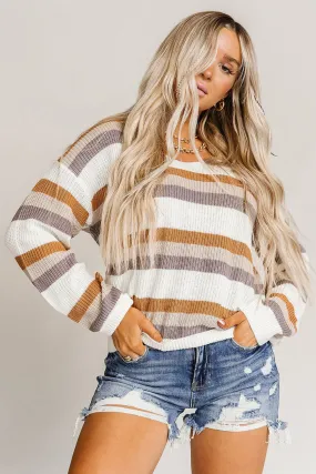 Beige Stripe Drop Shoulder Striped Knit Sweater