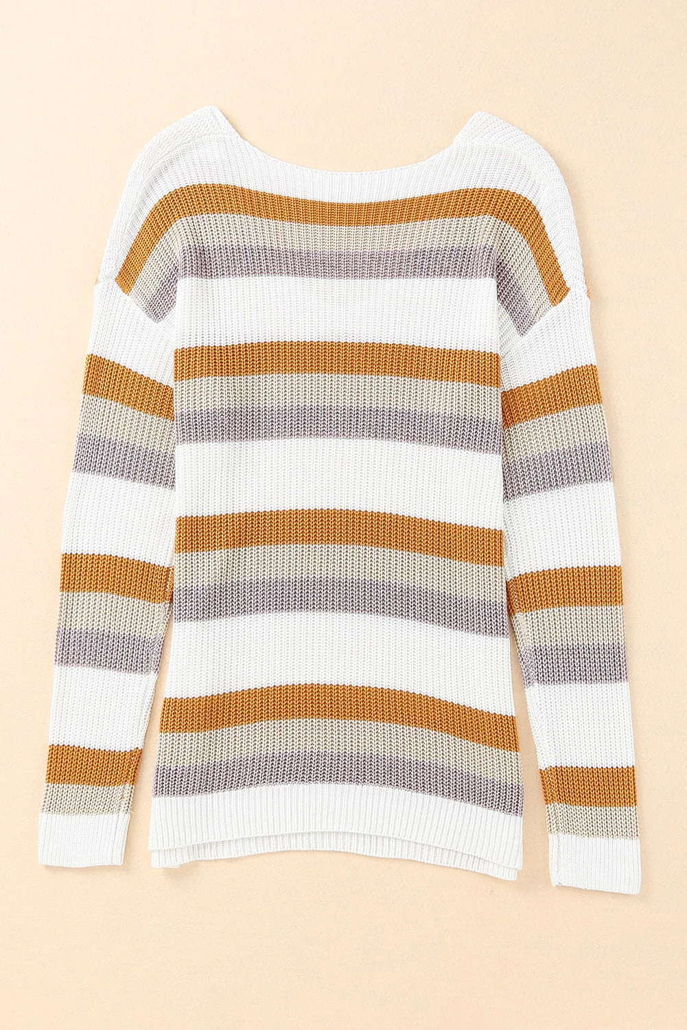 Beige Stripe Drop Shoulder Striped Knit Sweater