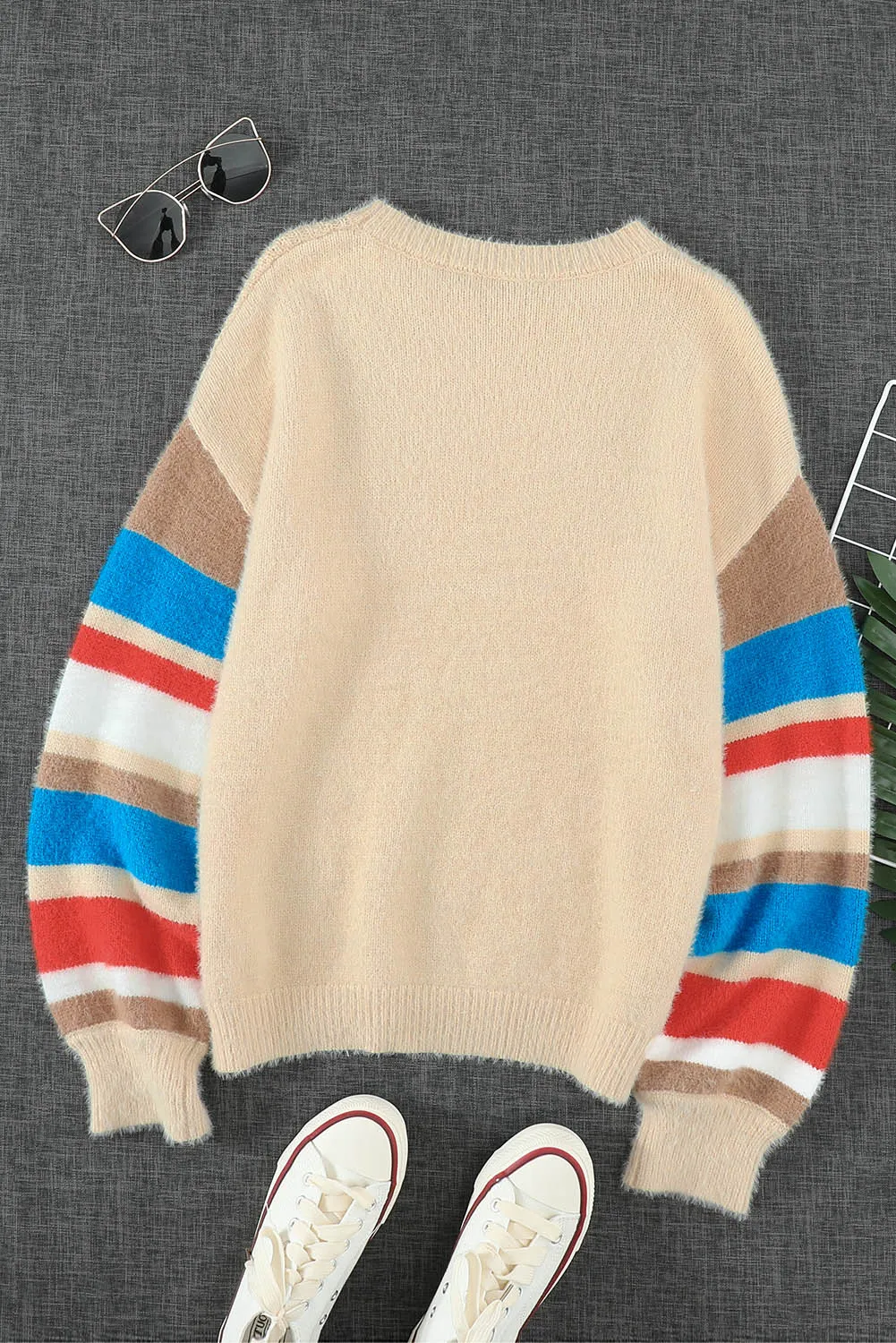 Beige Striped Color Block Winter Sweater