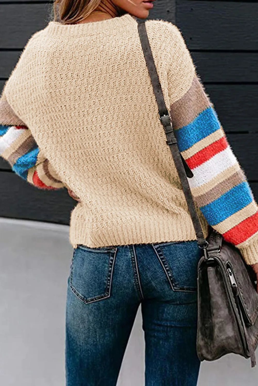 Beige Striped Color Block Winter Sweater