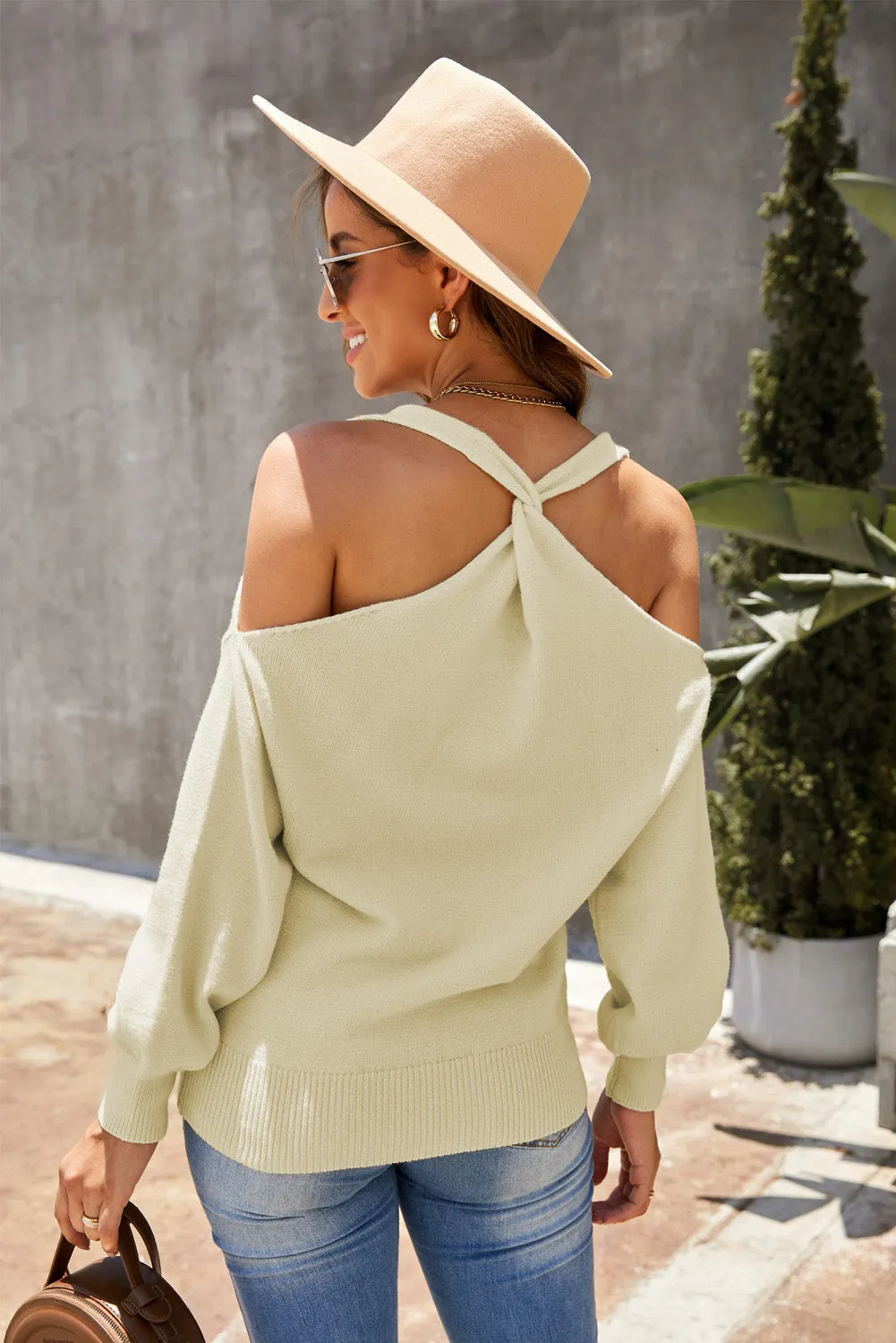 Beige Twisted Back Cold Shoulder Sweater