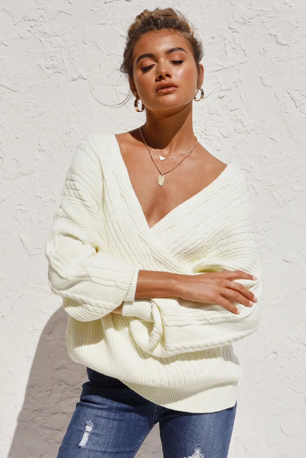 Beige Wrap V Neck Lantern Sleeve Sweater