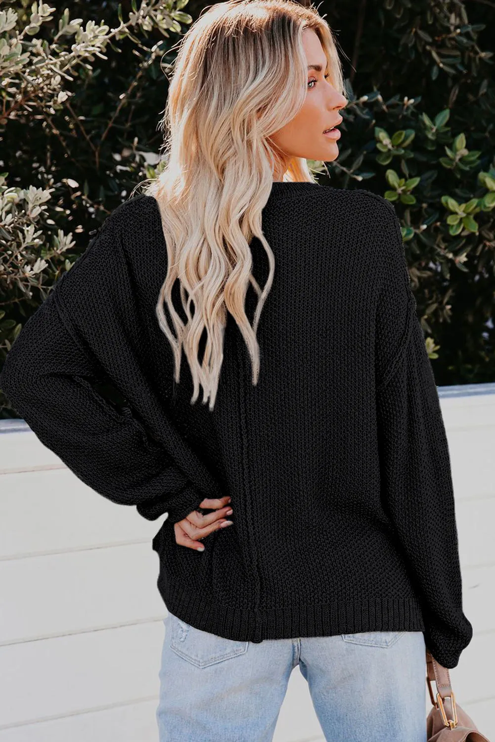 Black Buttoned Side Split Knit Sweater