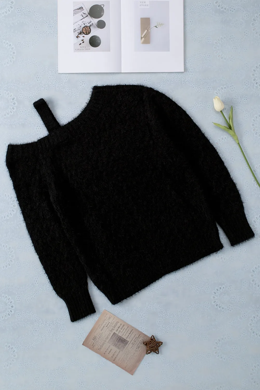 Black Cut Out Cold Shoulder Eyelash Sweater