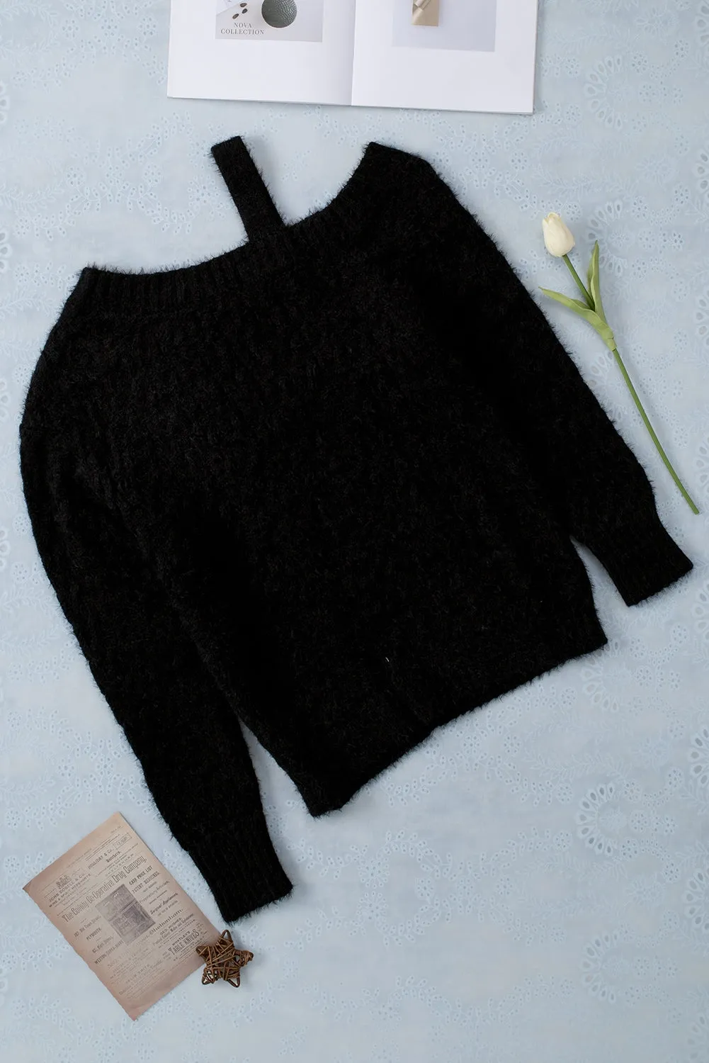 Black Cut Out Cold Shoulder Eyelash Sweater