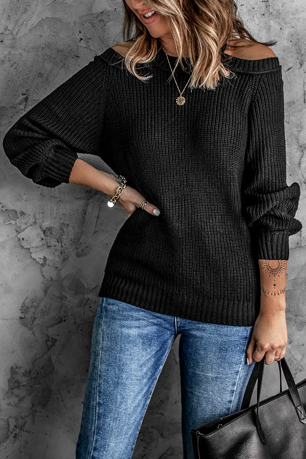 Black Halter Neck Cold Shoulder Ribbed Sweater