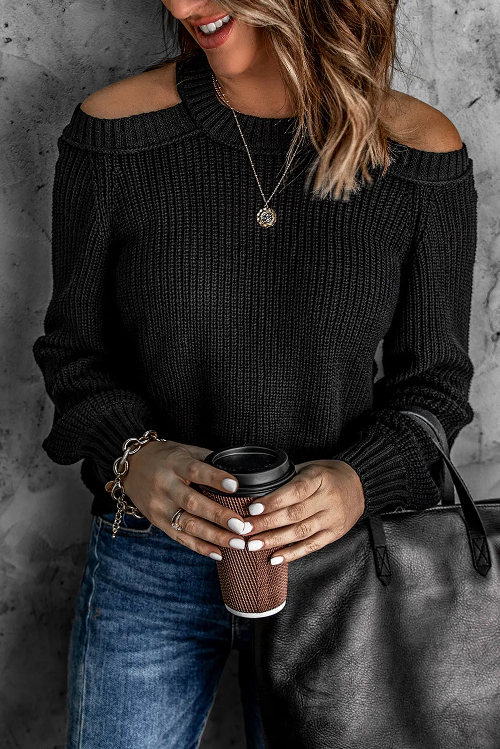 Black Halter Neck Cold Shoulder Ribbed Sweater