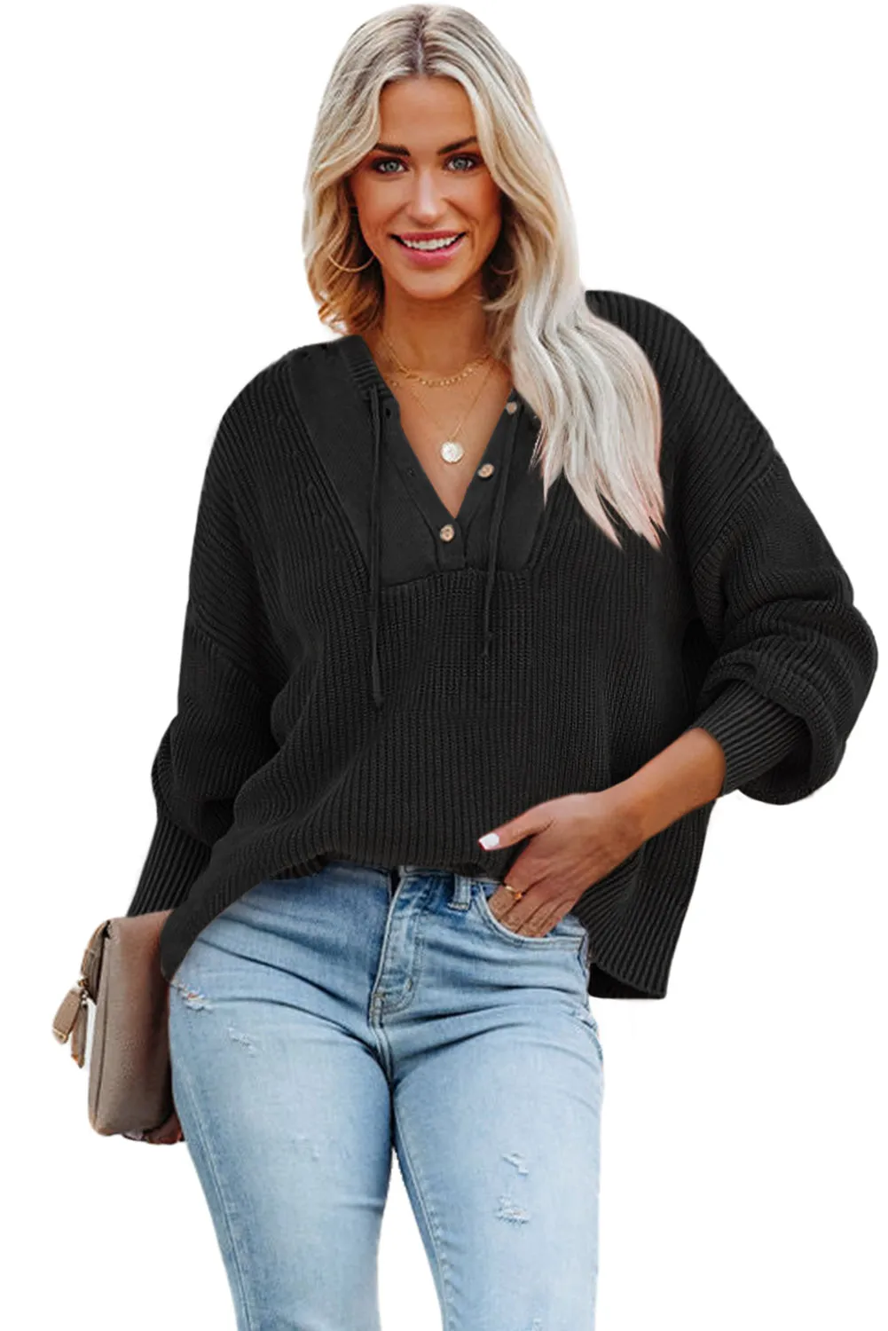 Black Henley V Neck Hooded Winter Sweater