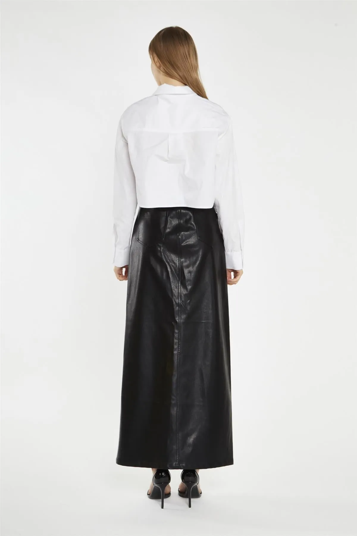 Black PU Centre-Split Midi-Skirt