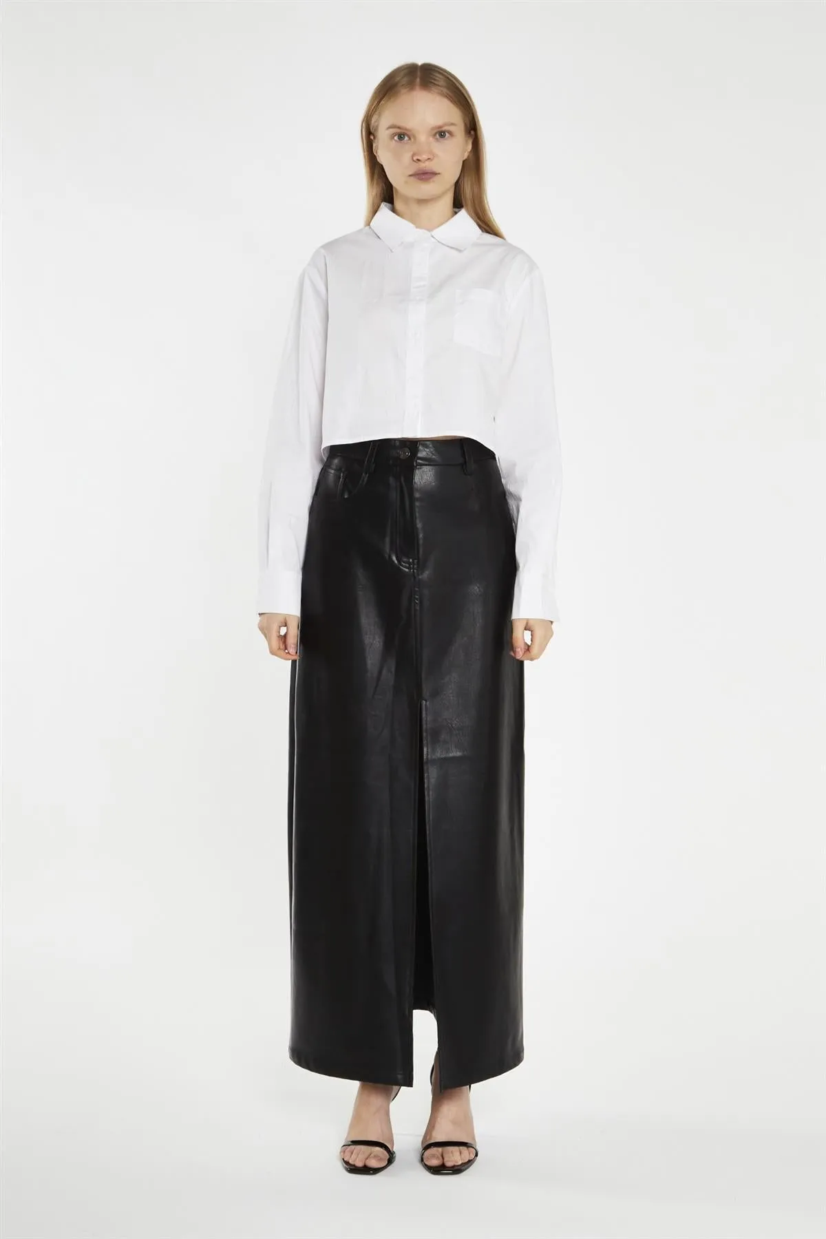 Black PU Centre-Split Midi-Skirt