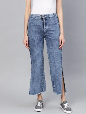 Blue Denim Acid Wash Side Slit Pants