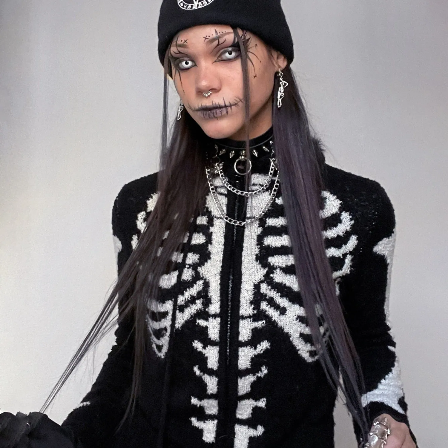 Bony Rib Cage Skeleton Fur Zip Cardigan