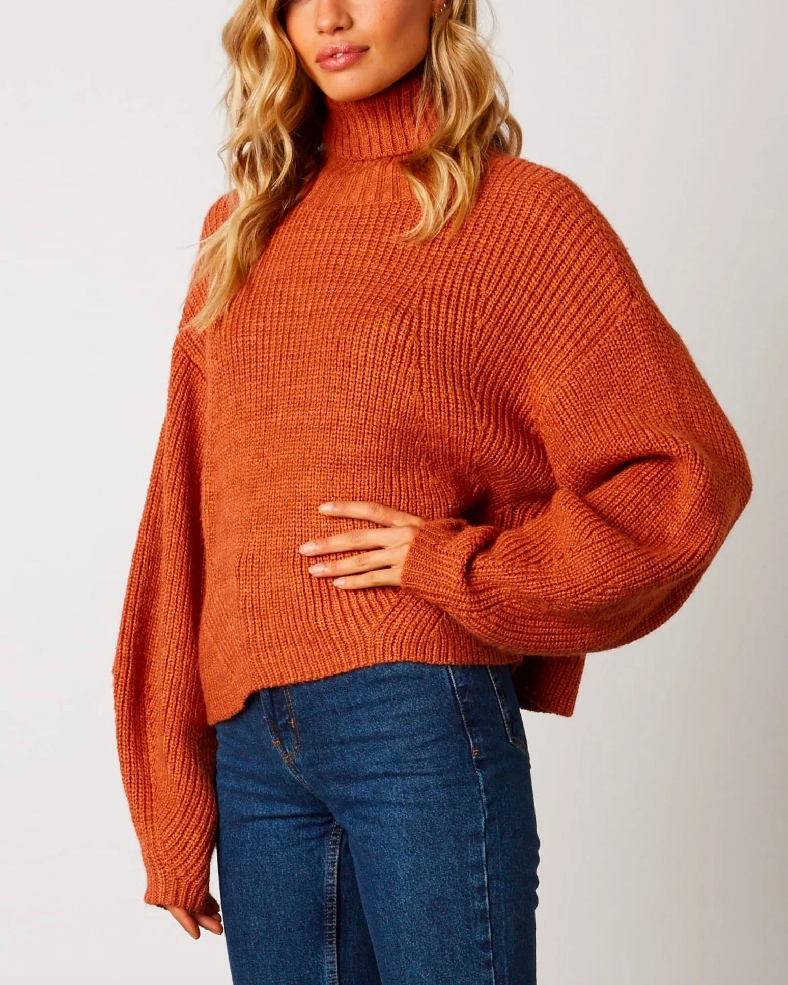 Boxy Turtle Neck Dropped Shoulder Sweater with Balloon Sleeves in Rust