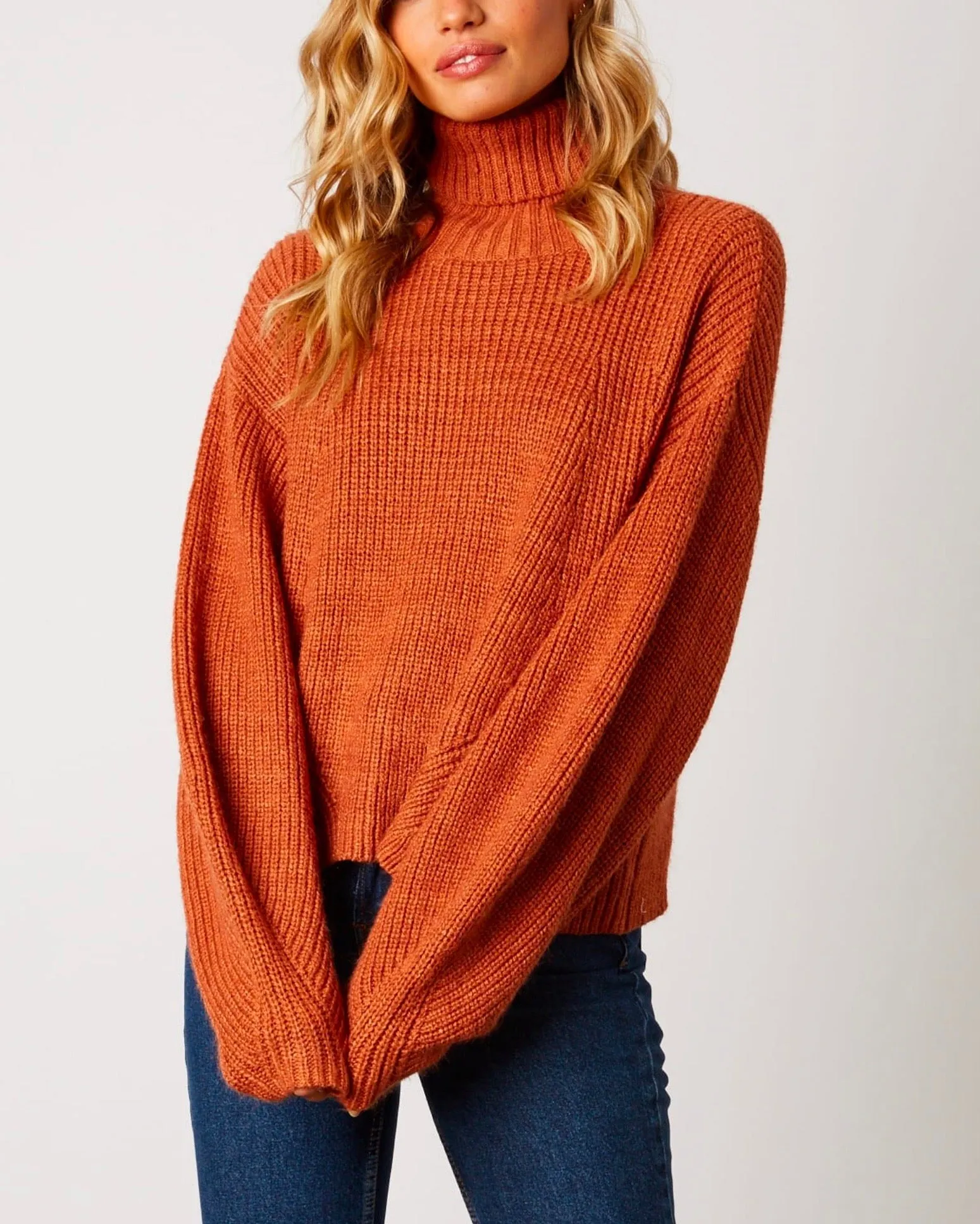 Boxy Turtle Neck Dropped Shoulder Sweater with Balloon Sleeves in Rust