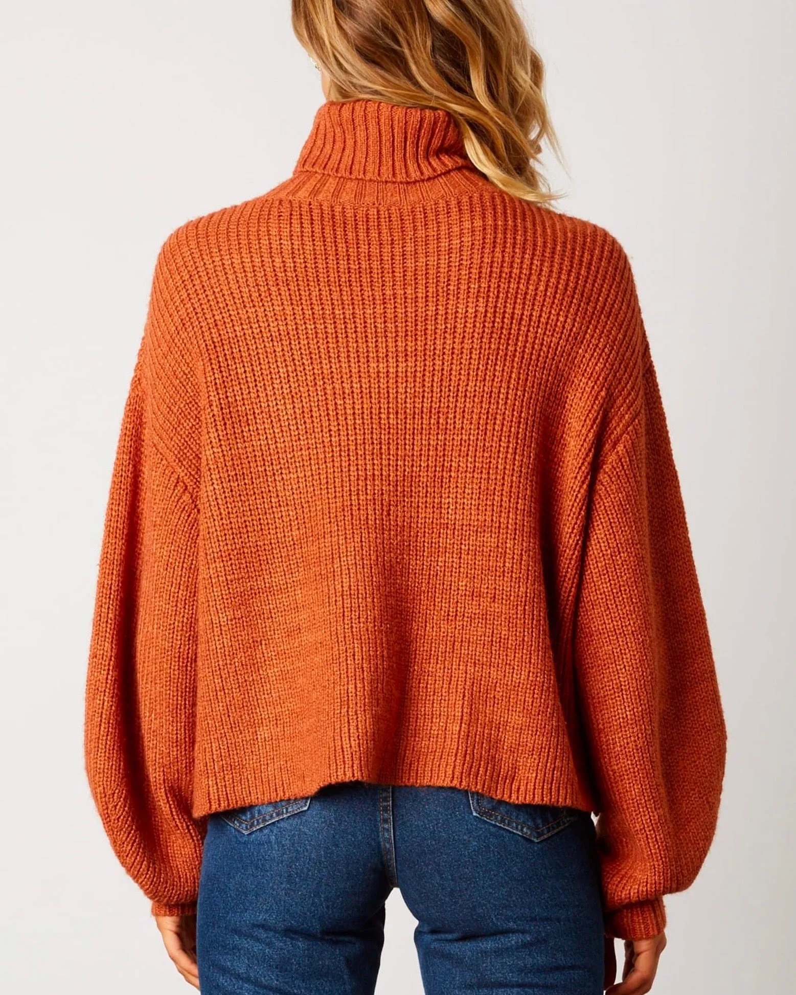 Boxy Turtle Neck Dropped Shoulder Sweater with Balloon Sleeves in Rust