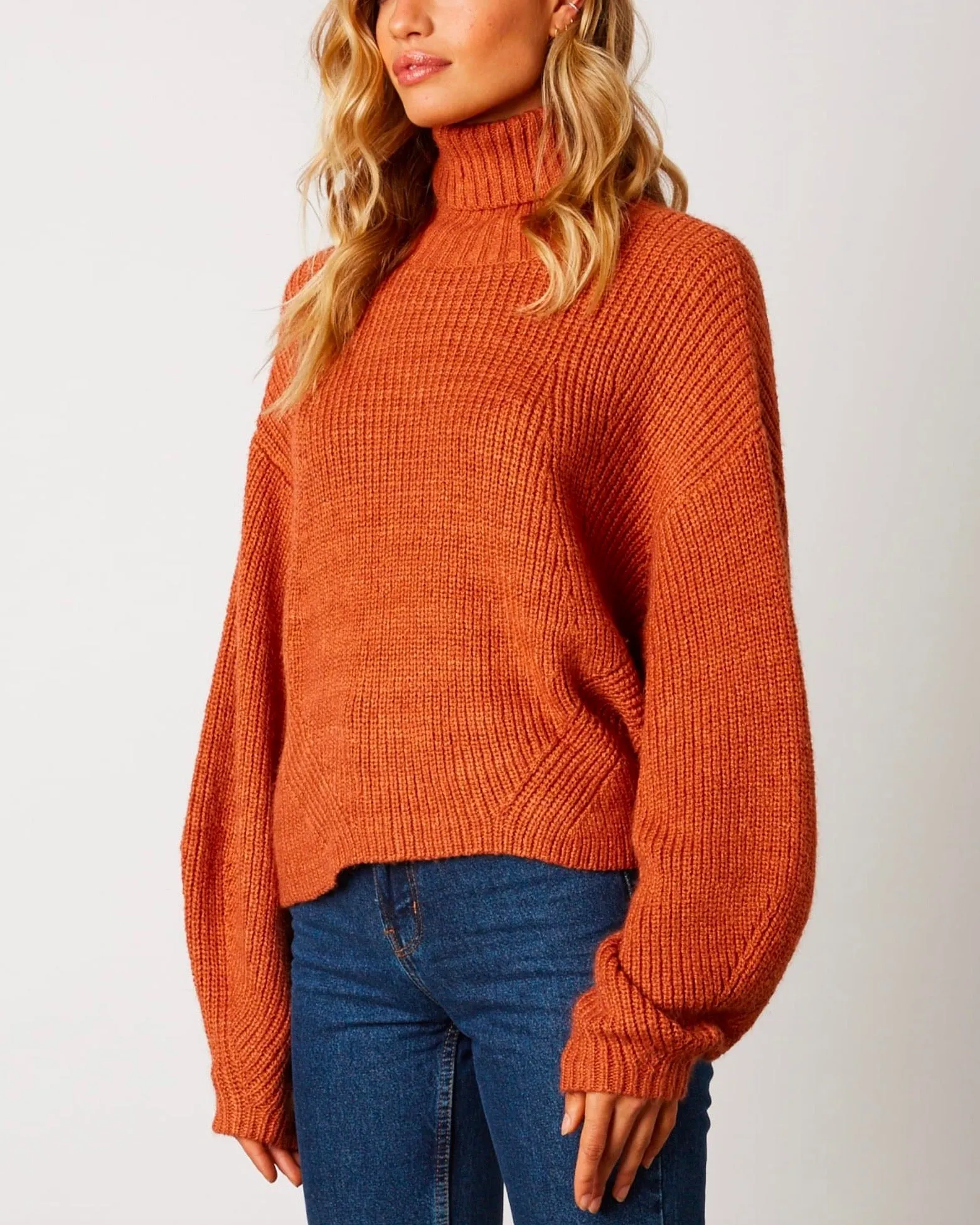 Boxy Turtle Neck Dropped Shoulder Sweater with Balloon Sleeves in Rust