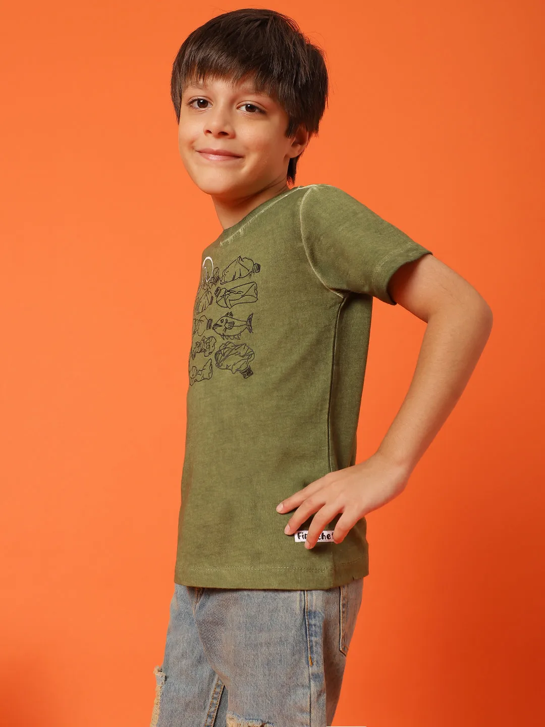 Boys Green 100% Cotton Printed T-shirt