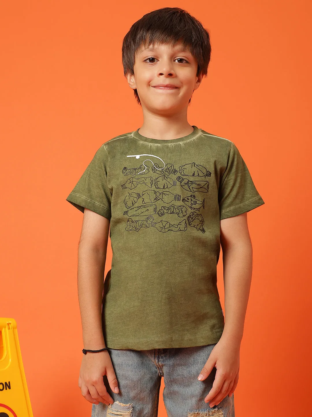 Boys Green 100% Cotton Printed T-shirt