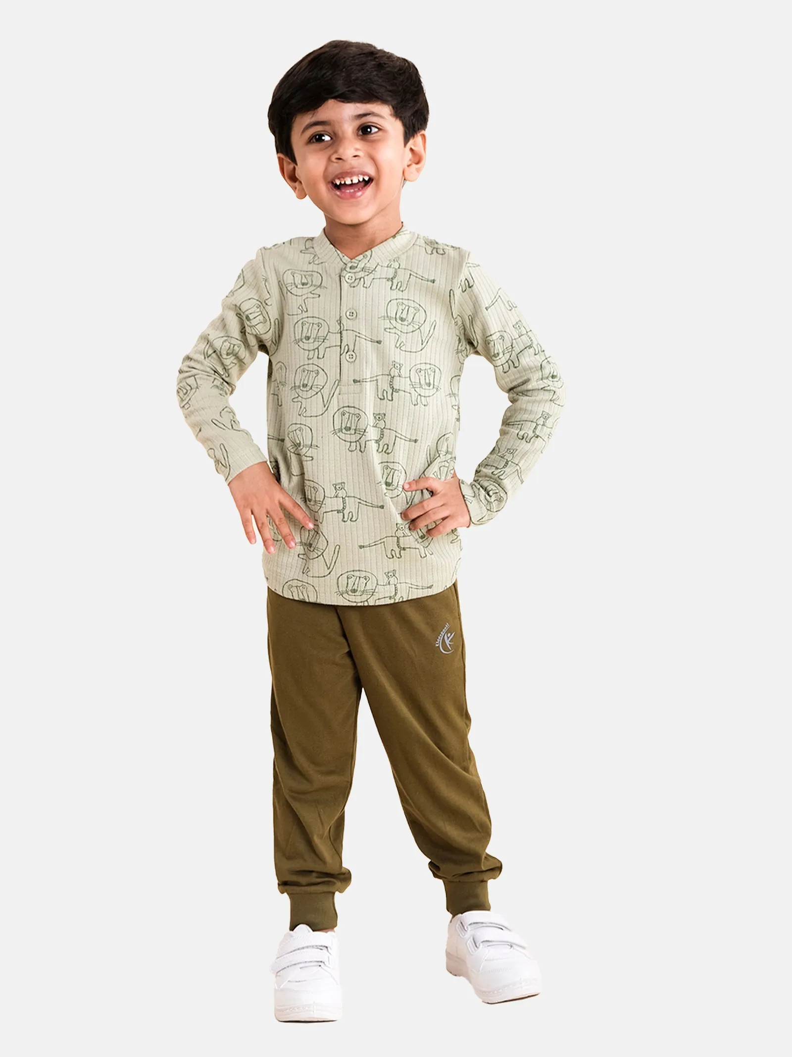 Boys "Lion" Print AOP Full Sleeve Henley Neck Tee