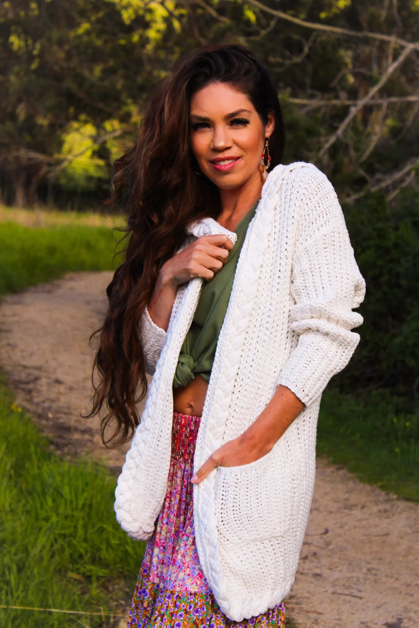 Breezy Bay Braid Trim Hooded Knit Cardigan - Ivory