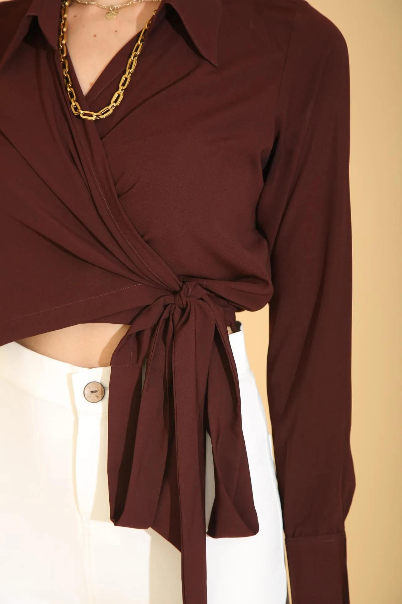 Brown Overlap Crop Shirt