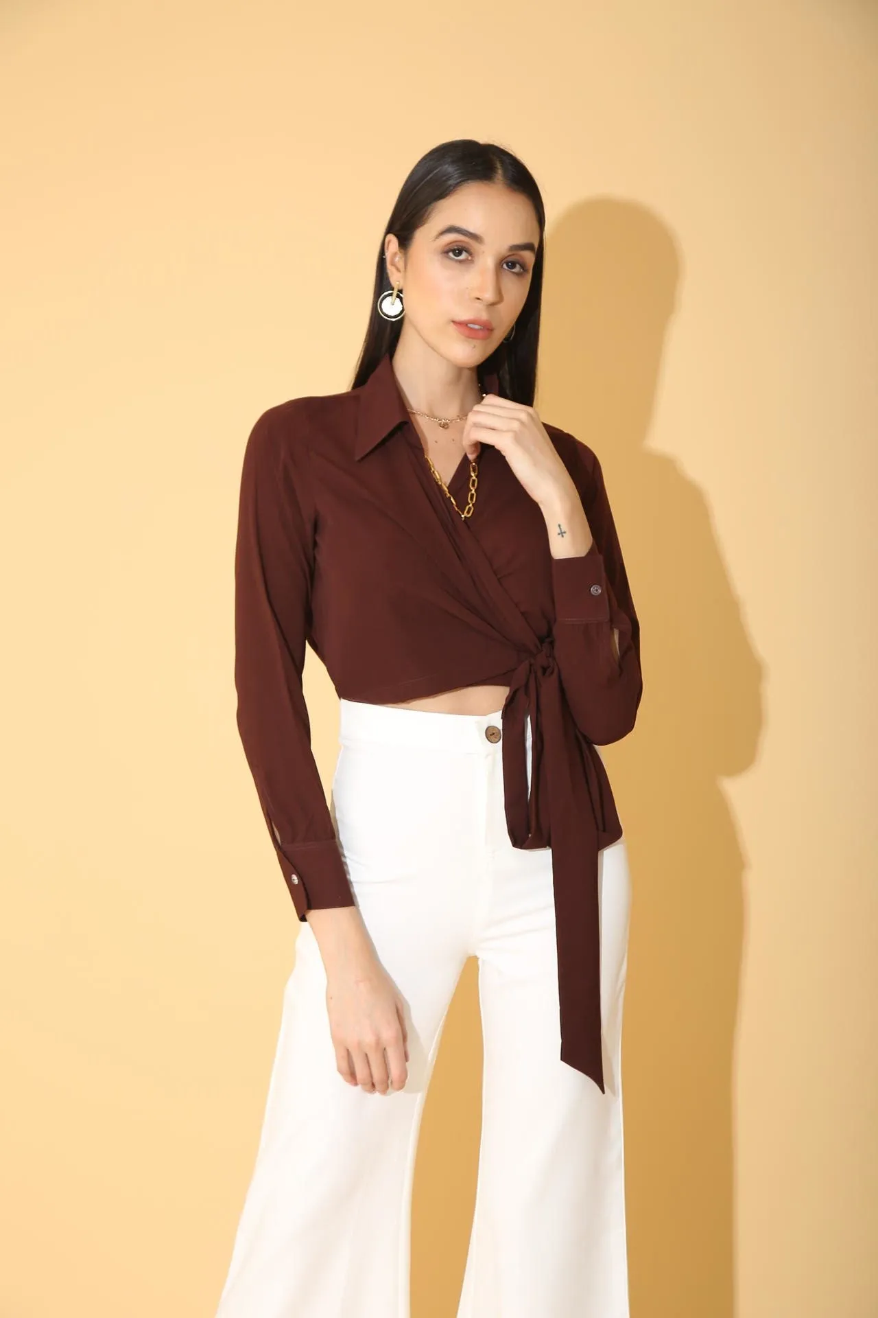 Brown Overlap Crop Shirt