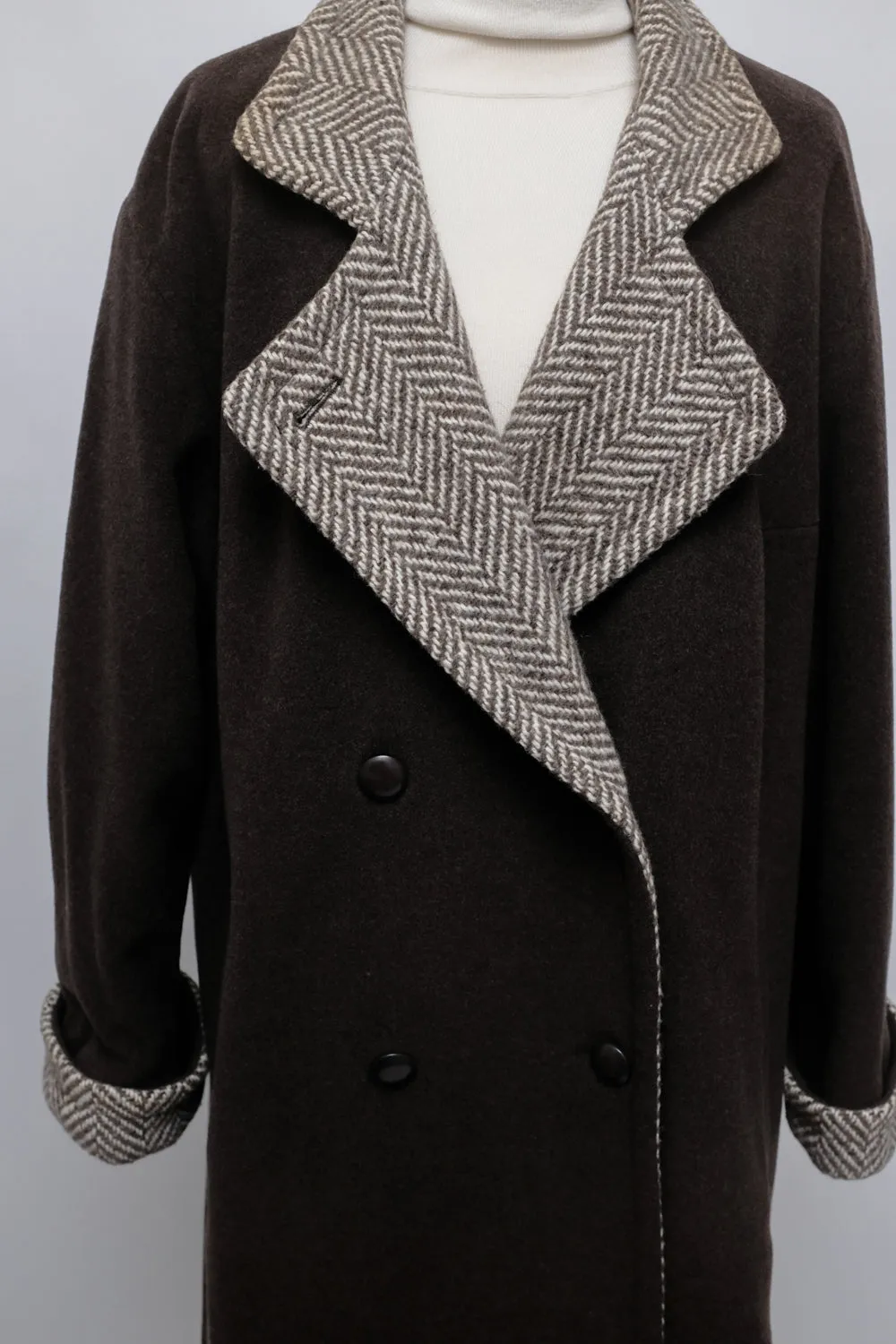 BROWN WOOL VINTAGE HERRINGBONE COAT