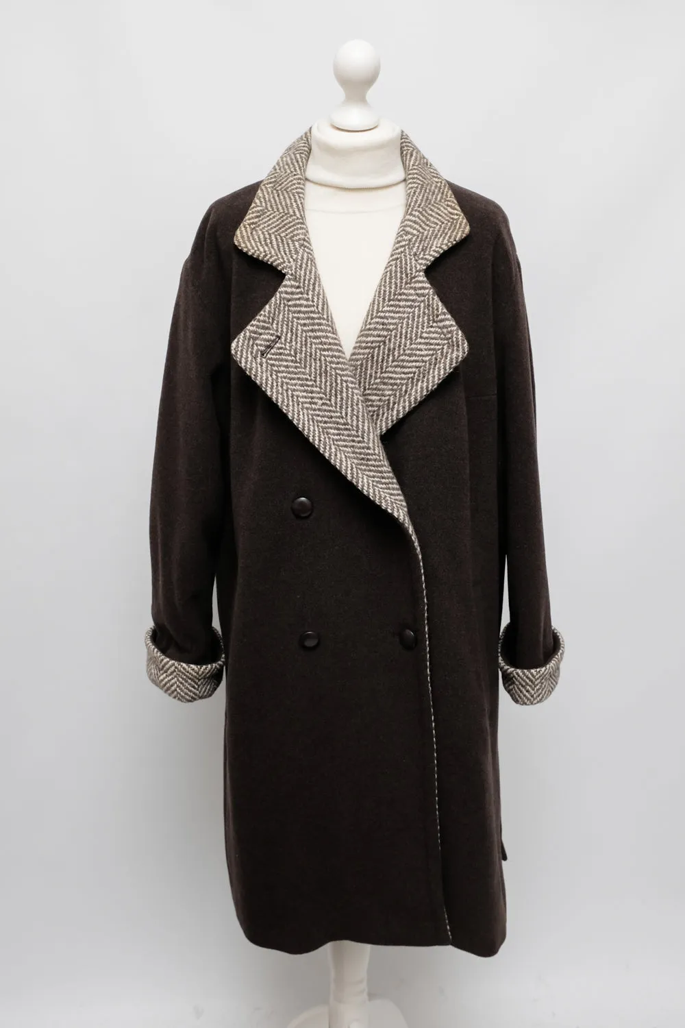 BROWN WOOL VINTAGE HERRINGBONE COAT