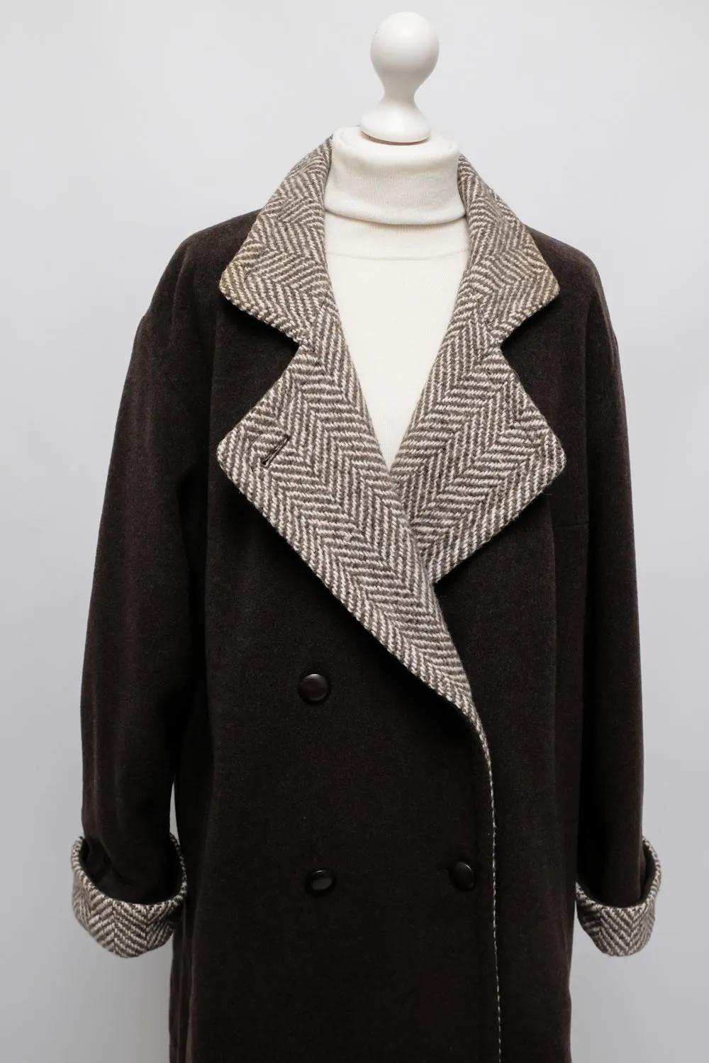 BROWN WOOL VINTAGE HERRINGBONE COAT