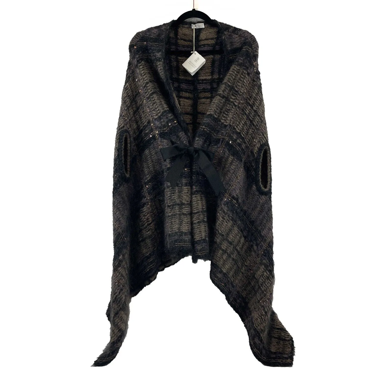 Brunello Cucinelli - Mohair Alpaca Tartan Plaid Sequin Bow Poncho Cape Sweater