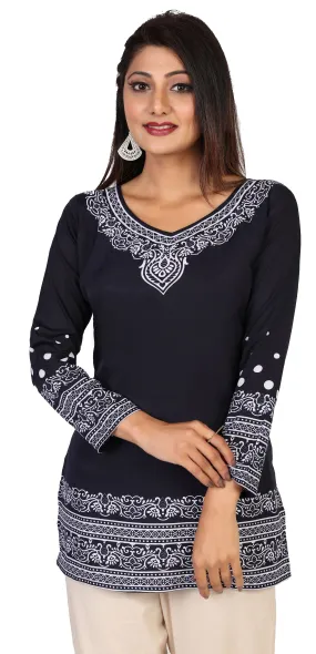 Buy Indian Kurta Online-Elegant Blue Printed Kurti Top with White Patterns