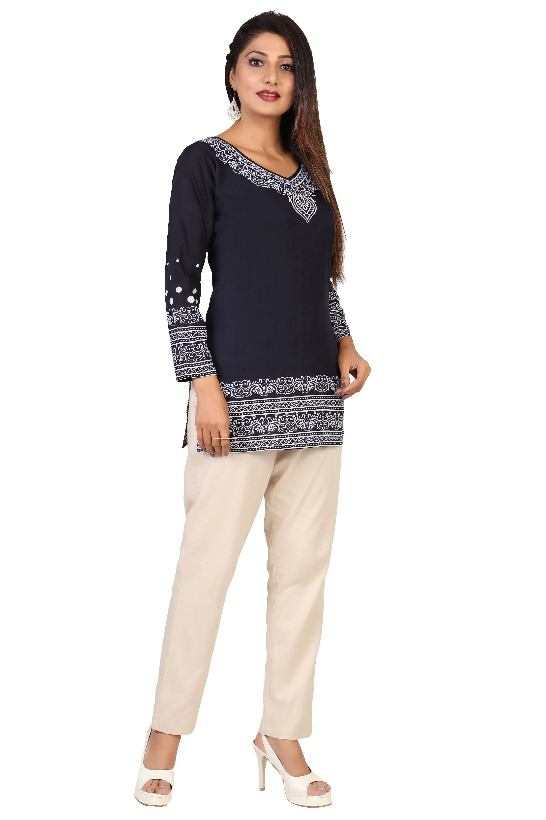 Buy Indian Kurta Online-Elegant Blue Printed Kurti Top with White Patterns