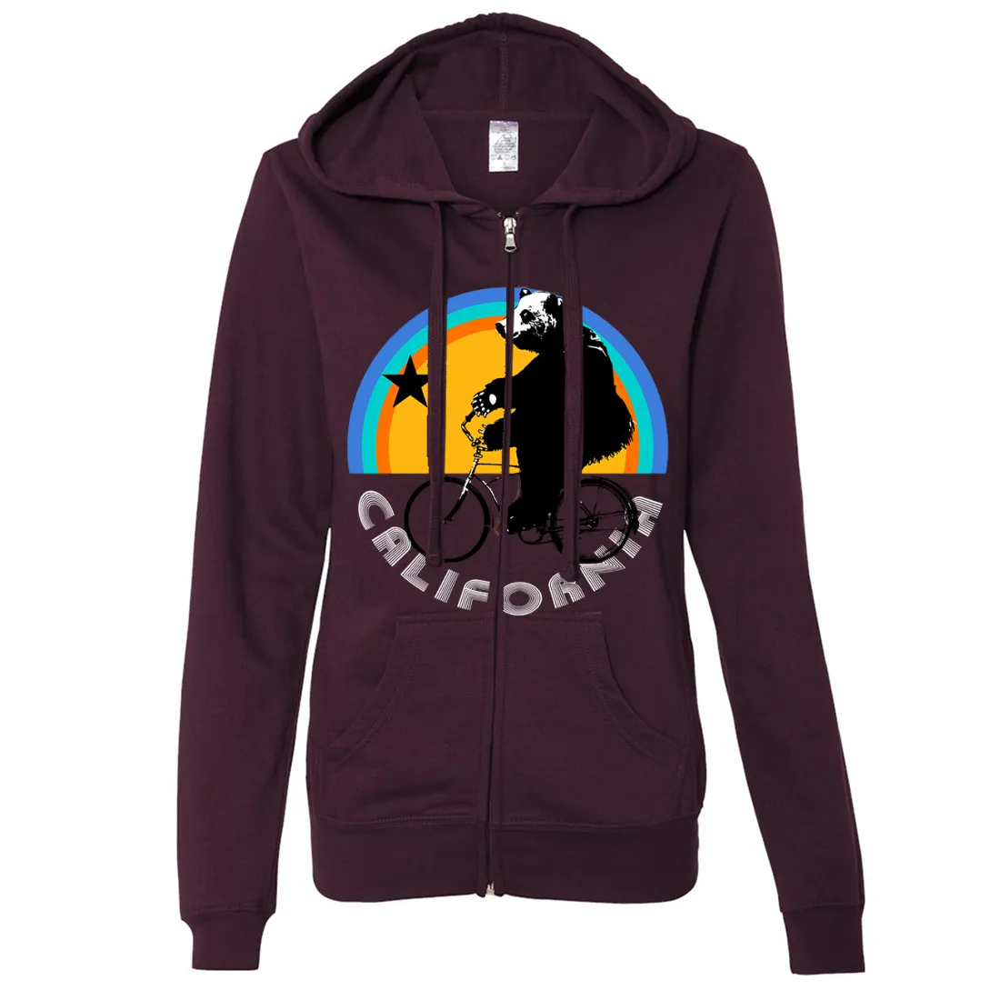 California Bear On Bike Ladies Lightweight Fitted Zip-Up Hoodie