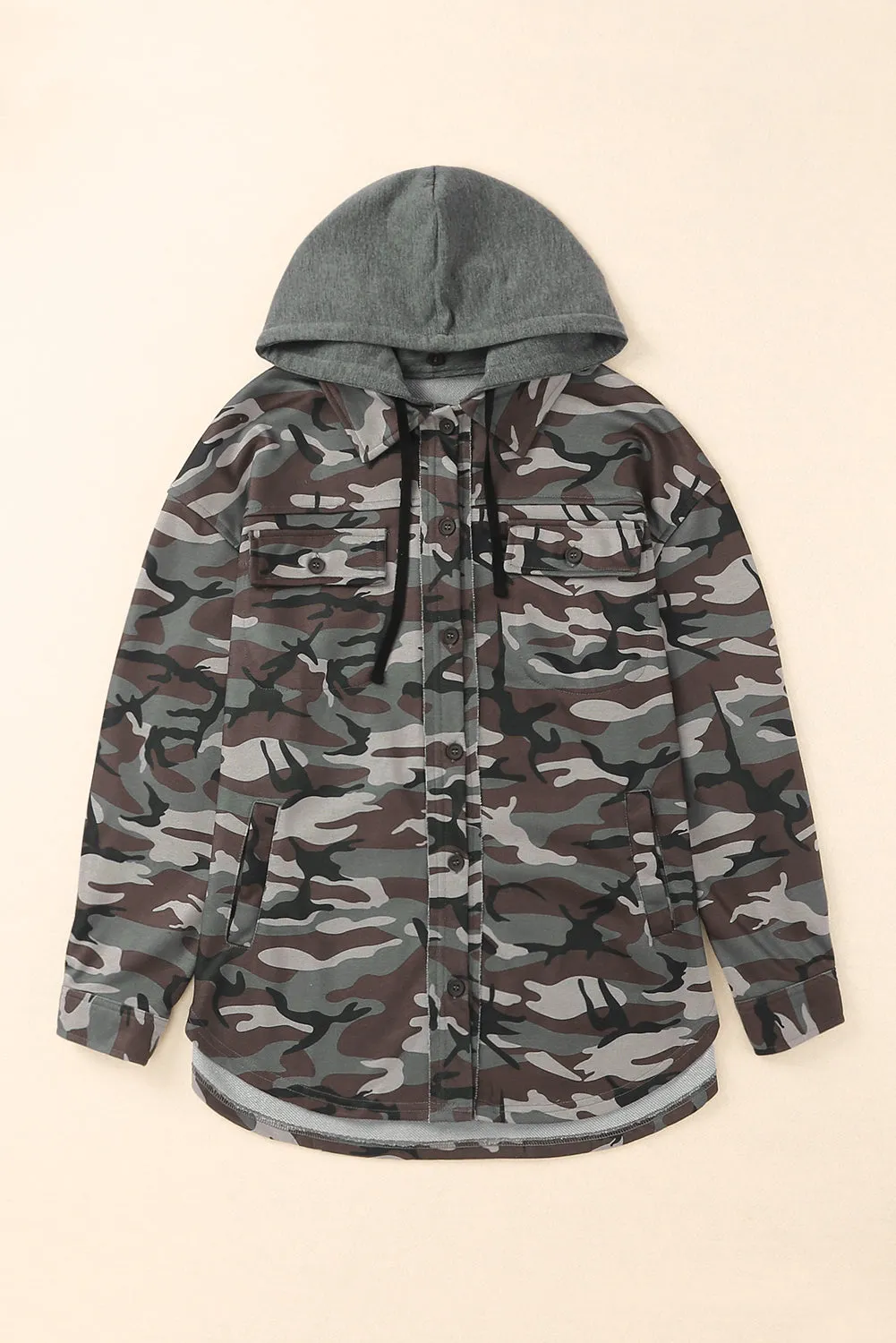 Camo Print Button up Green Hooded Jacket