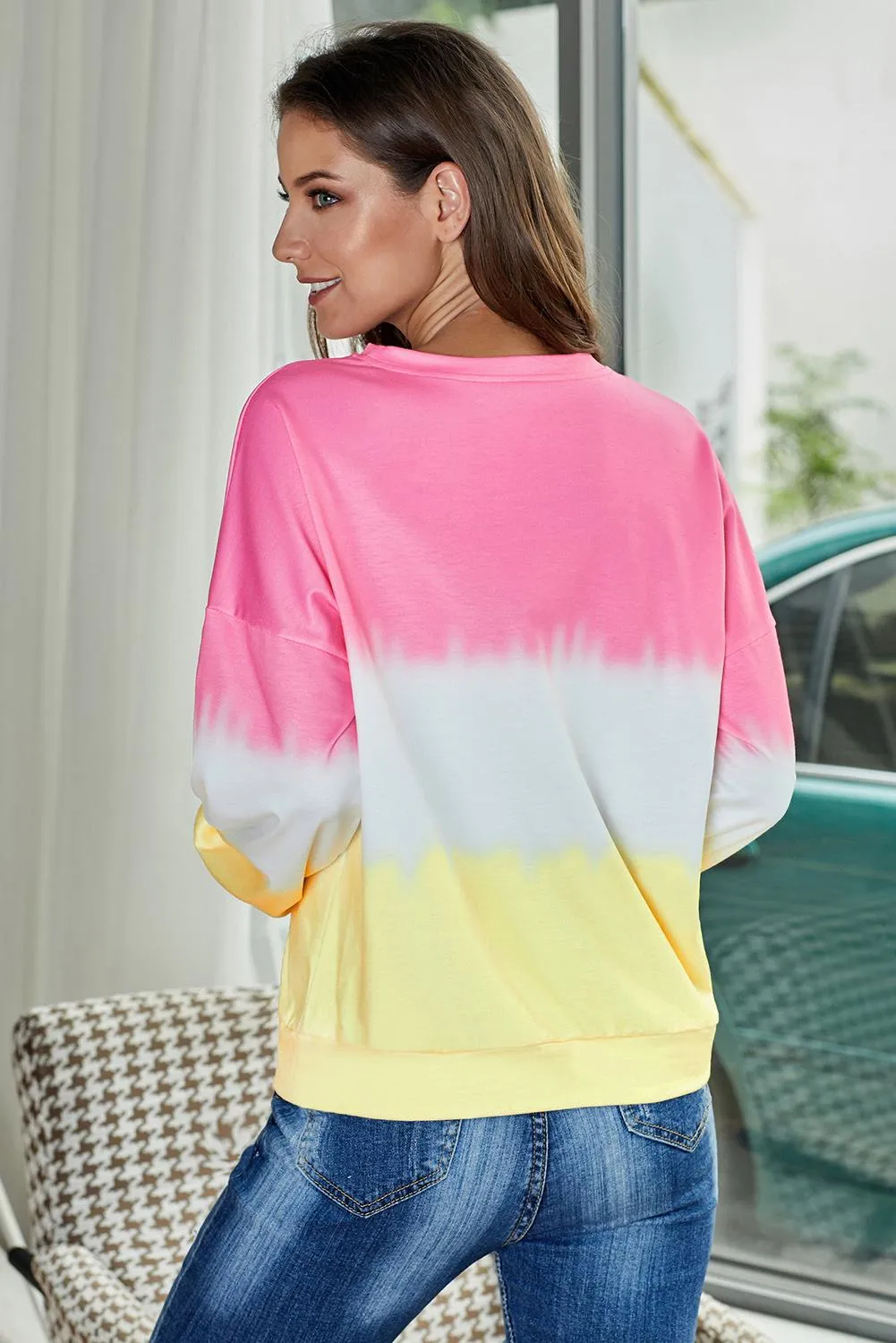 Casual Pink Color Block Tie Dye Pullover Sweatshirt