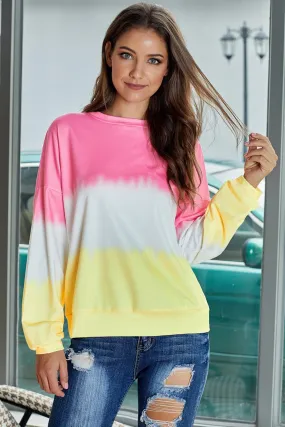 Casual Pink Color Block Tie Dye Pullover Sweatshirt