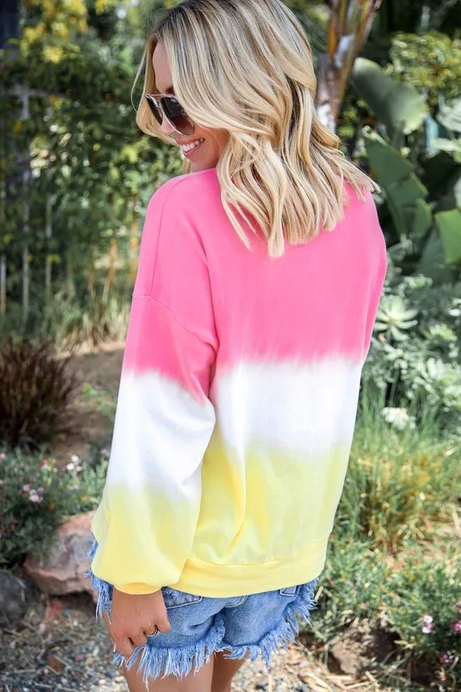 Casual Pink Color Block Tie Dye Pullover Sweatshirt