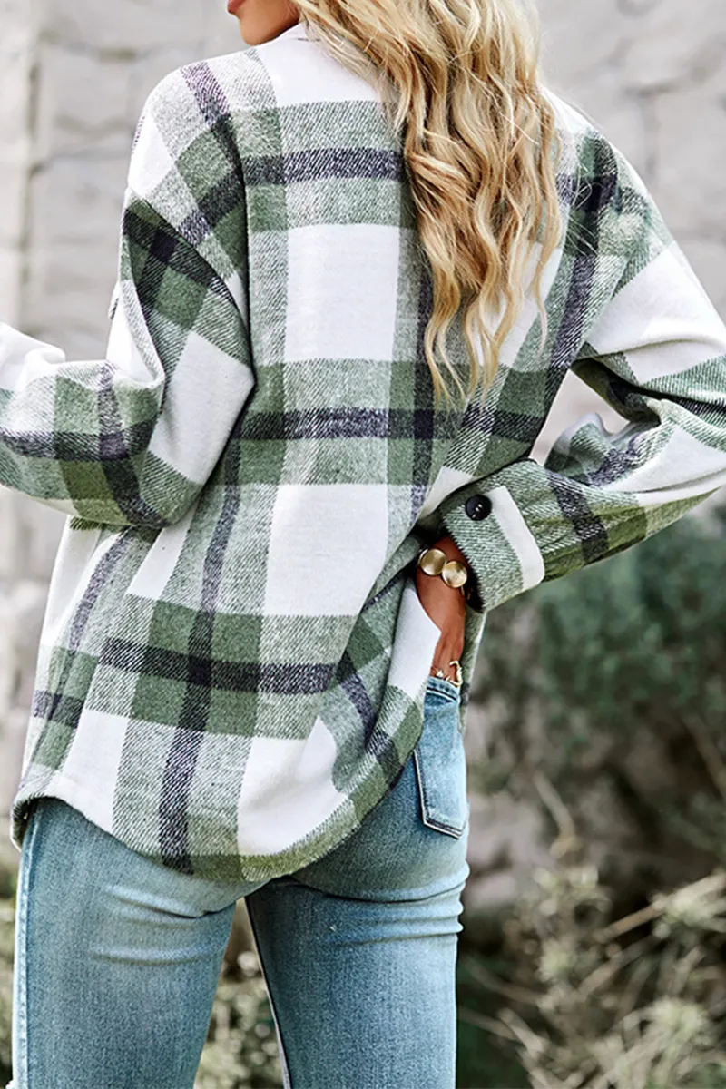 Casual Plaid Patchwork Turndown Collar Tops