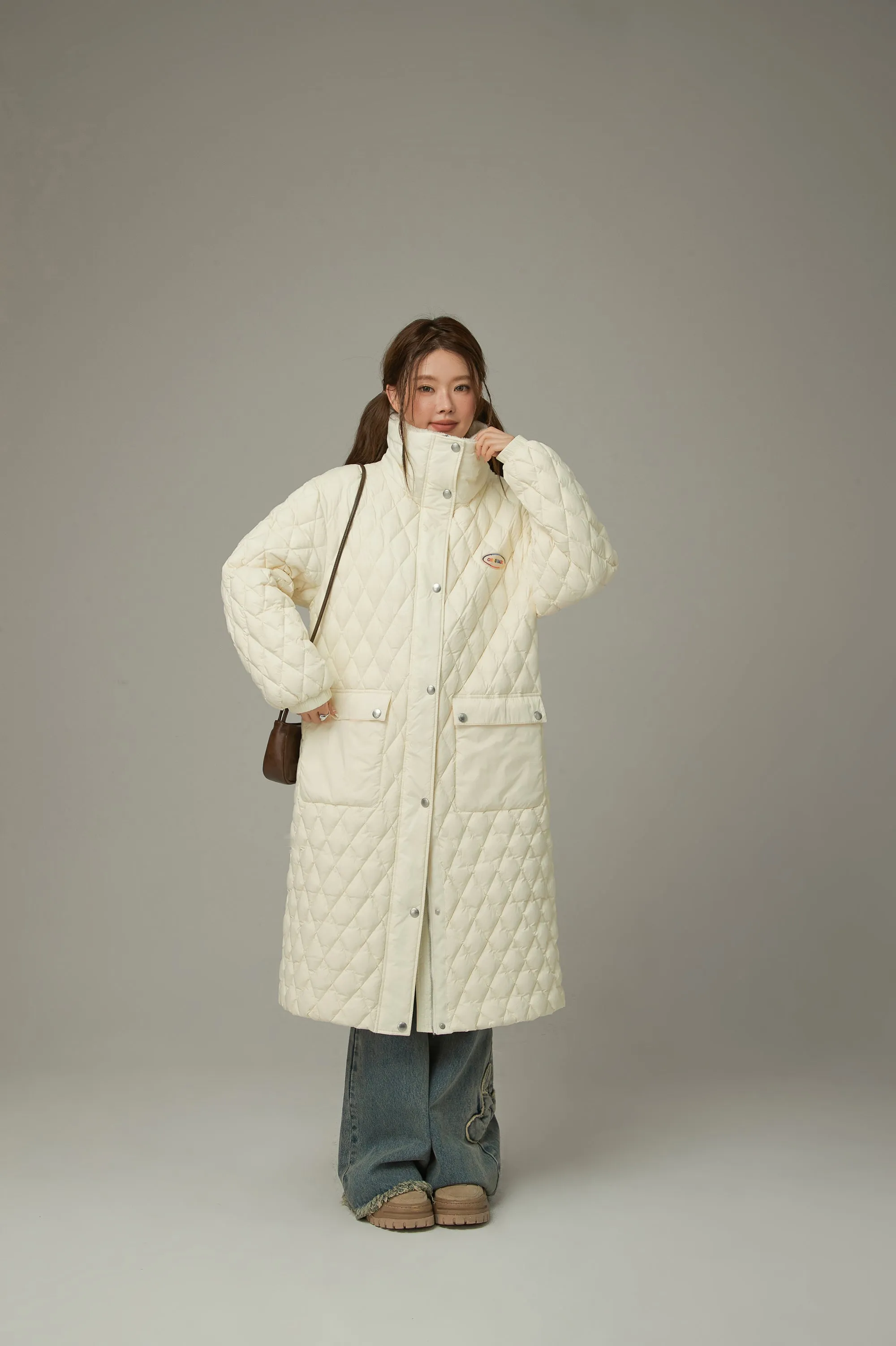 Collar Quilted Padded Long Coat