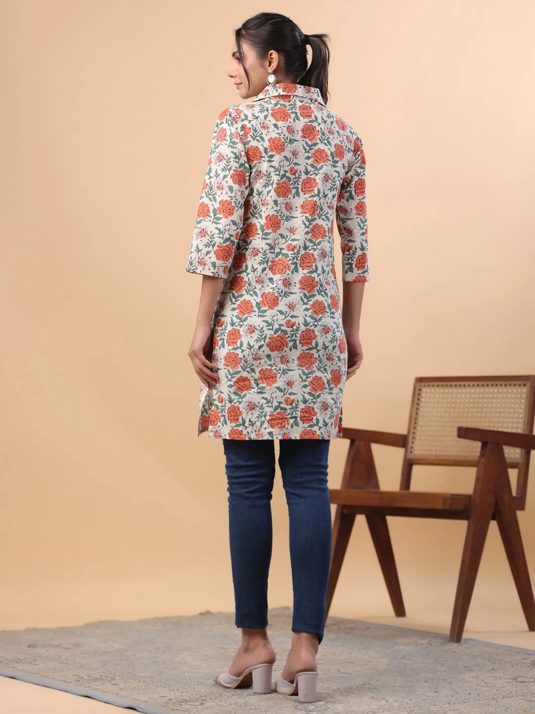 Cream Cotton Floral A-Line Tunic