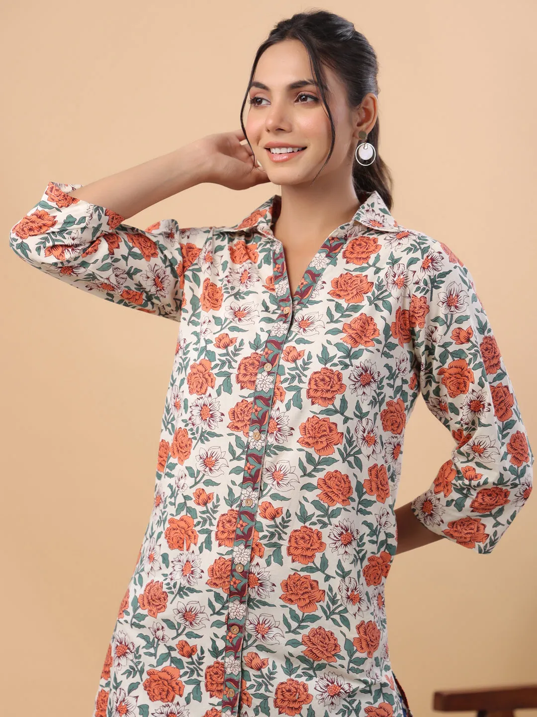 Cream Cotton Floral A-Line Tunic