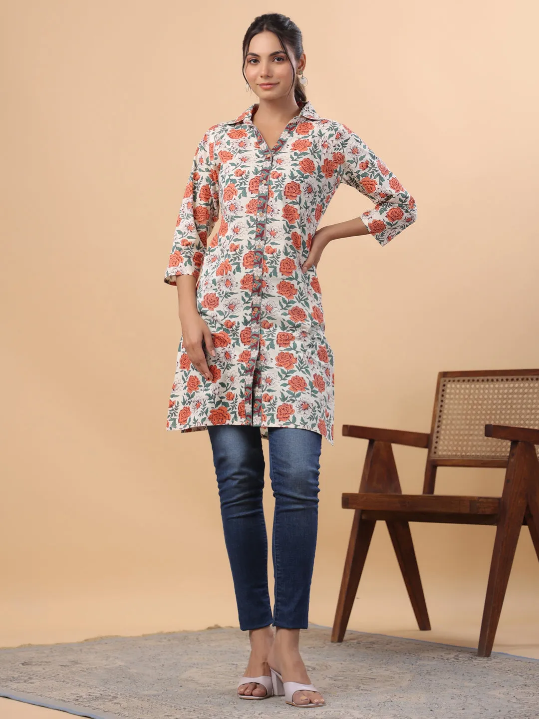 Cream Cotton Floral A-Line Tunic