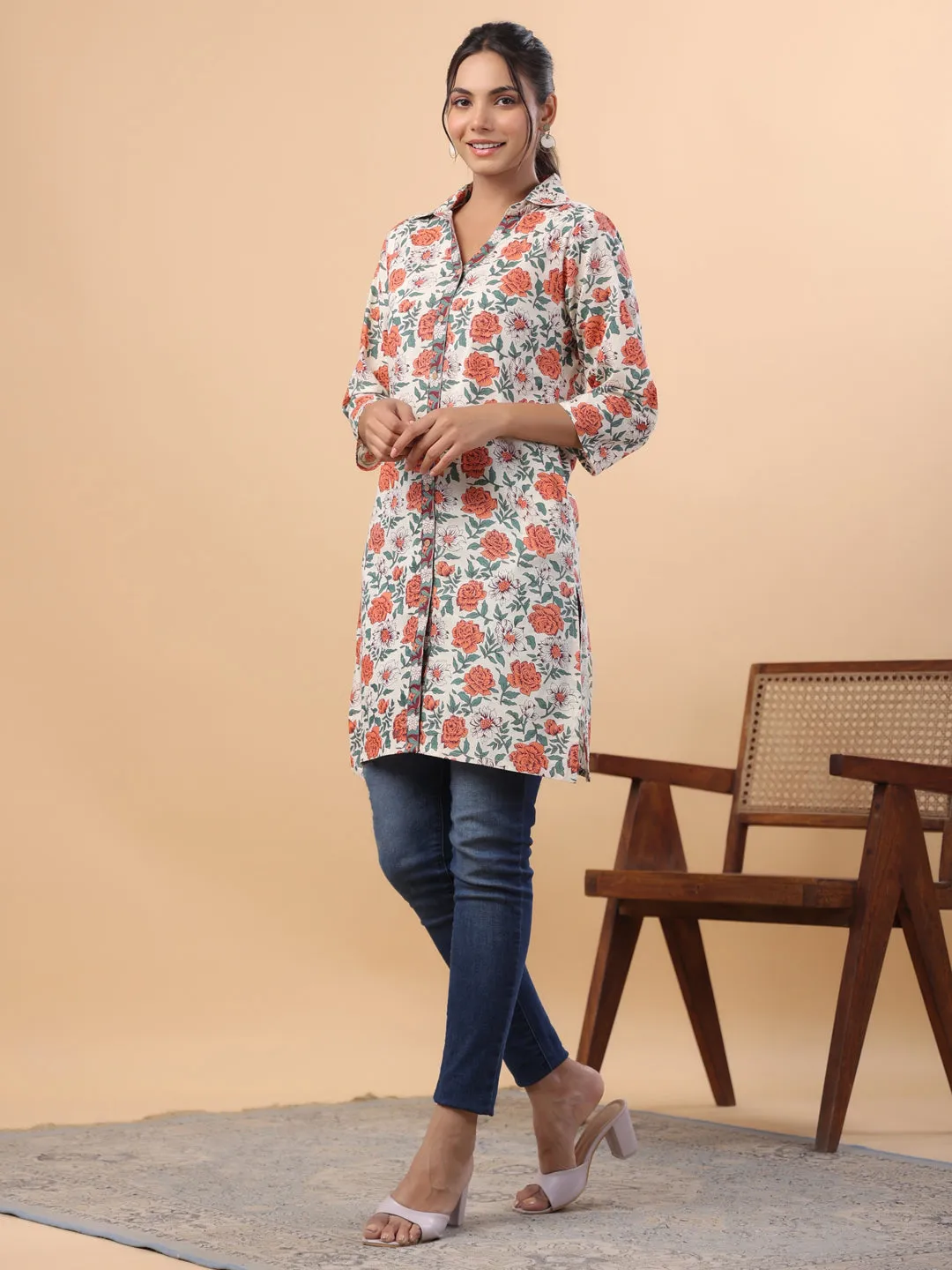 Cream Cotton Floral A-Line Tunic