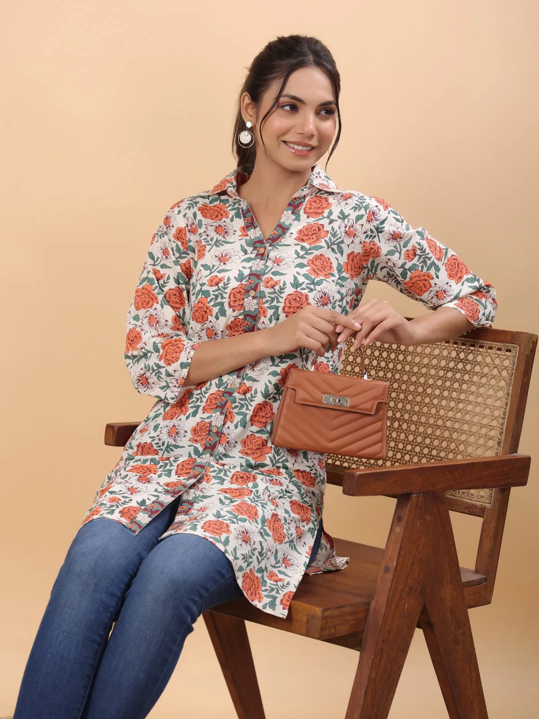 Cream Cotton Floral A-Line Tunic