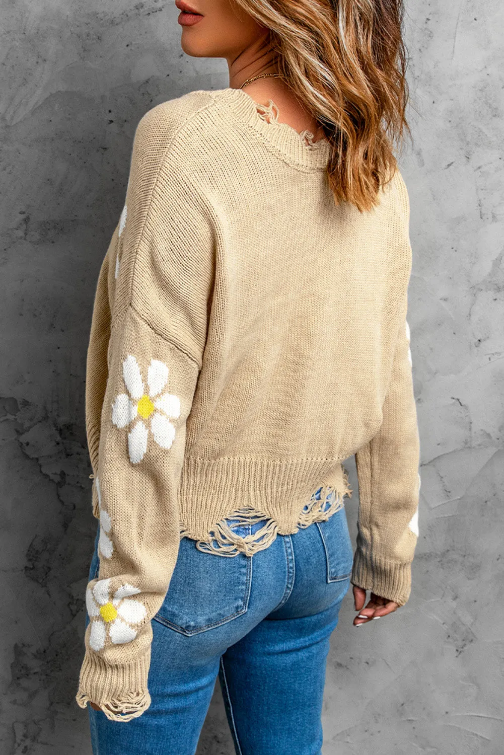 Daisy Pattern Distressed Sweater