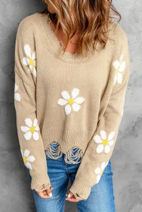 Daisy Pattern Distressed Sweater