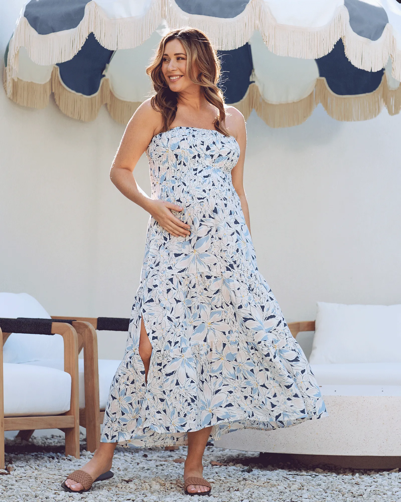 Ellie Maternity Shirred Maxi Skirt Dress in Navy Floral Print